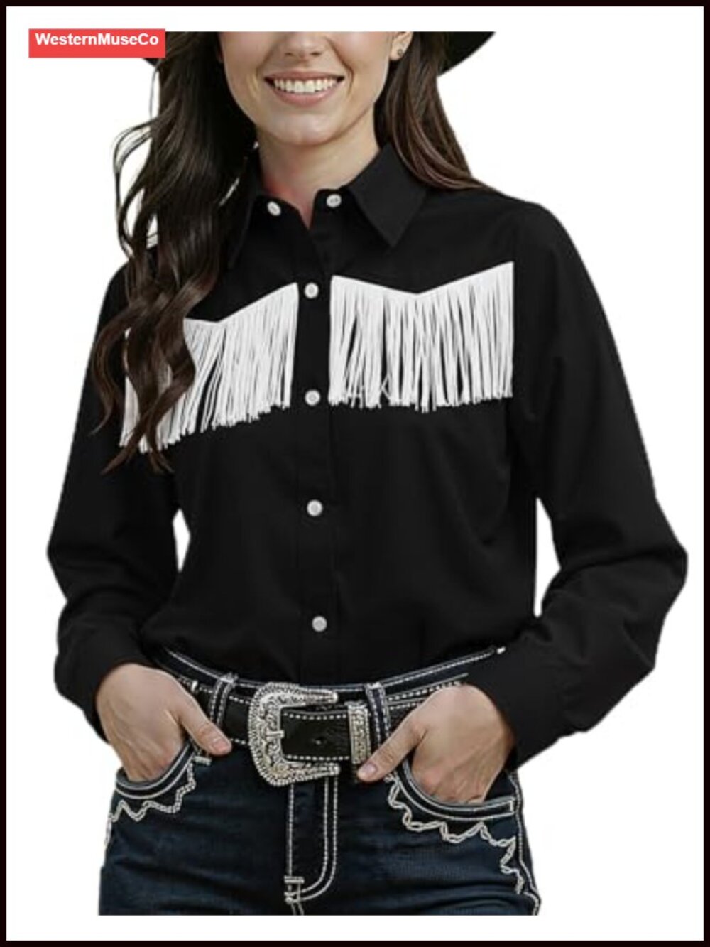 Womens Fringe Pearl Snap Western Shirt Long Sleeve Button Down Cotton